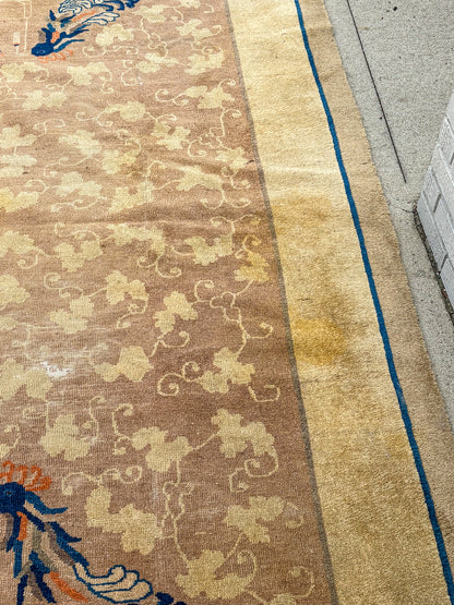 Antique 1910s Tan Blue Bird Art Deco Chinese 8x10ft Woven Wool Rug
