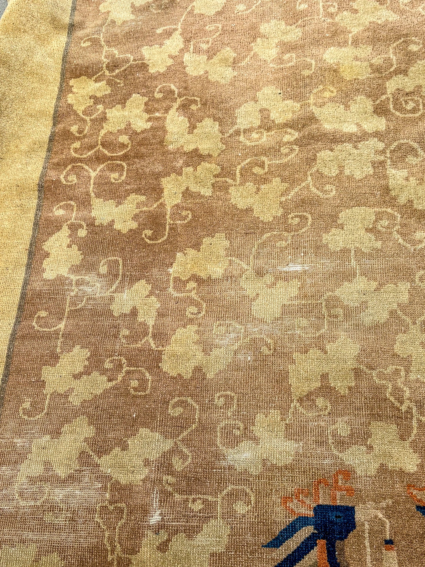 Antique 1910s Tan Blue Bird Art Deco Chinese 8x10ft Woven Wool Rug