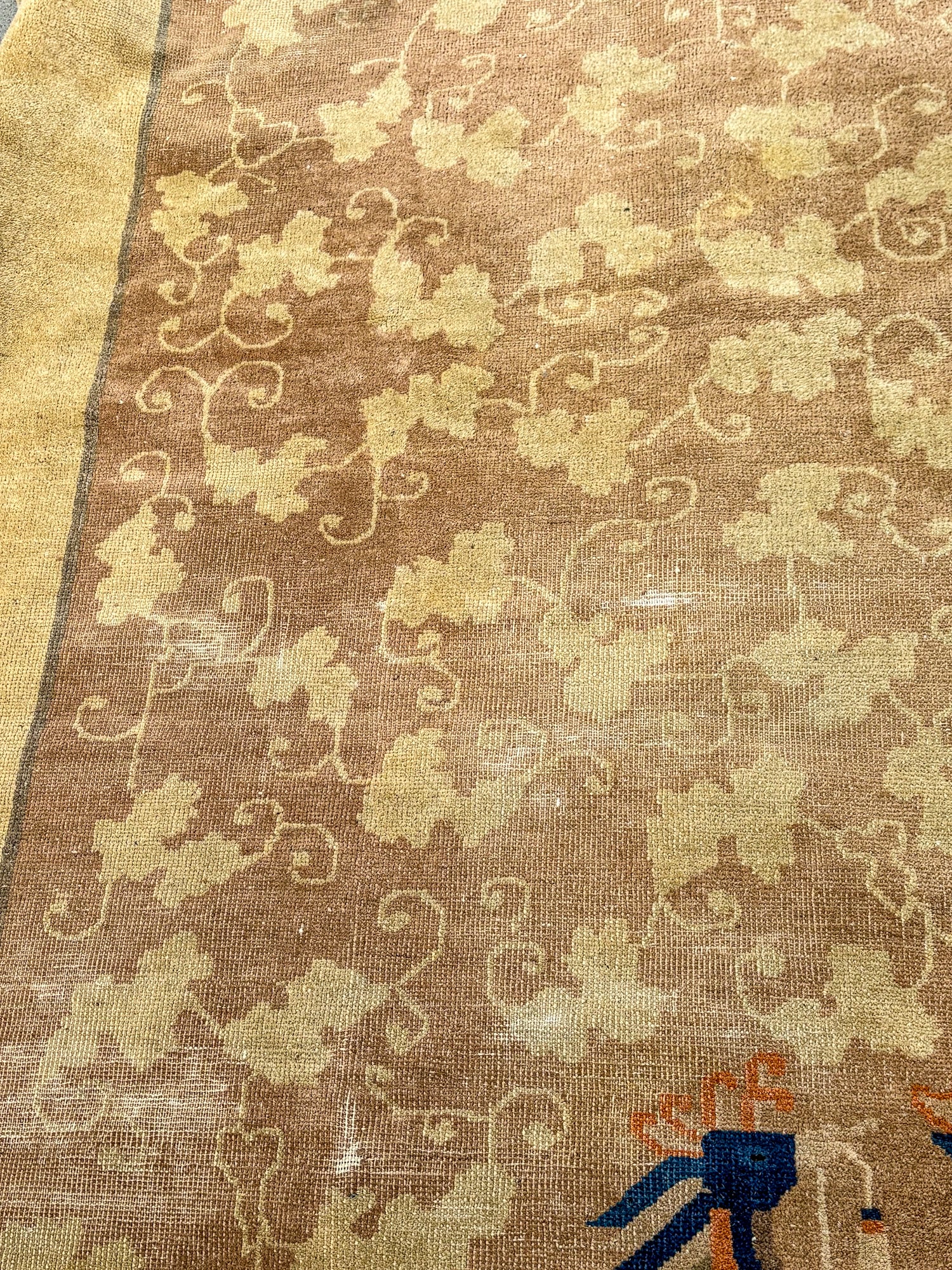 Antique 1910s Tan Blue Bird Art Deco Chinese 8x10ft Woven Wool Rug