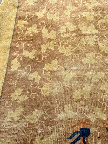 Antique 1910s Tan Blue Bird Art Deco Chinese 8x10ft Woven Wool Rug