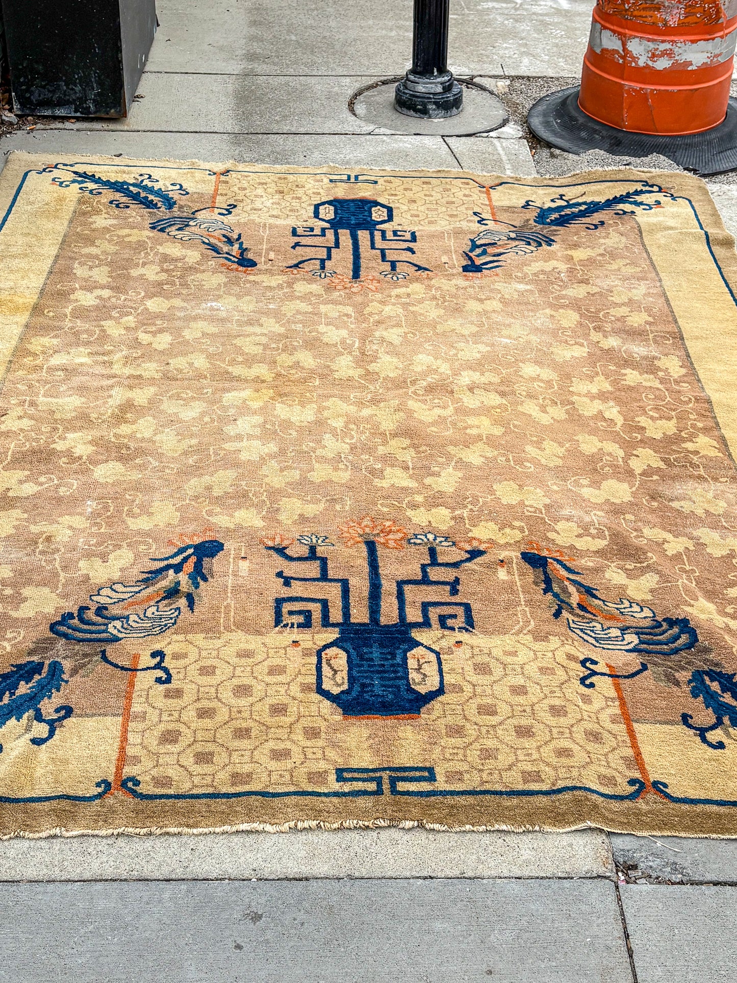 Antique 1910s Tan Blue Bird Art Deco Chinese 8x10ft Woven Wool Rug