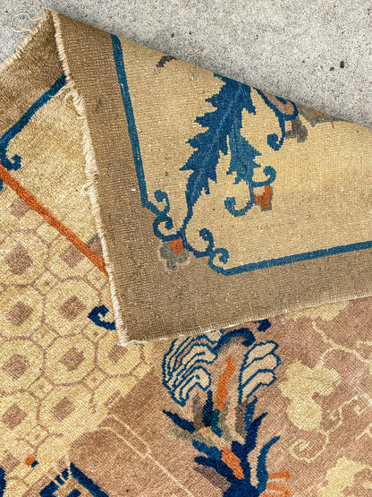 Antique 1910s Tan Blue Bird Art Deco Chinese 8x10ft Woven Wool Rug