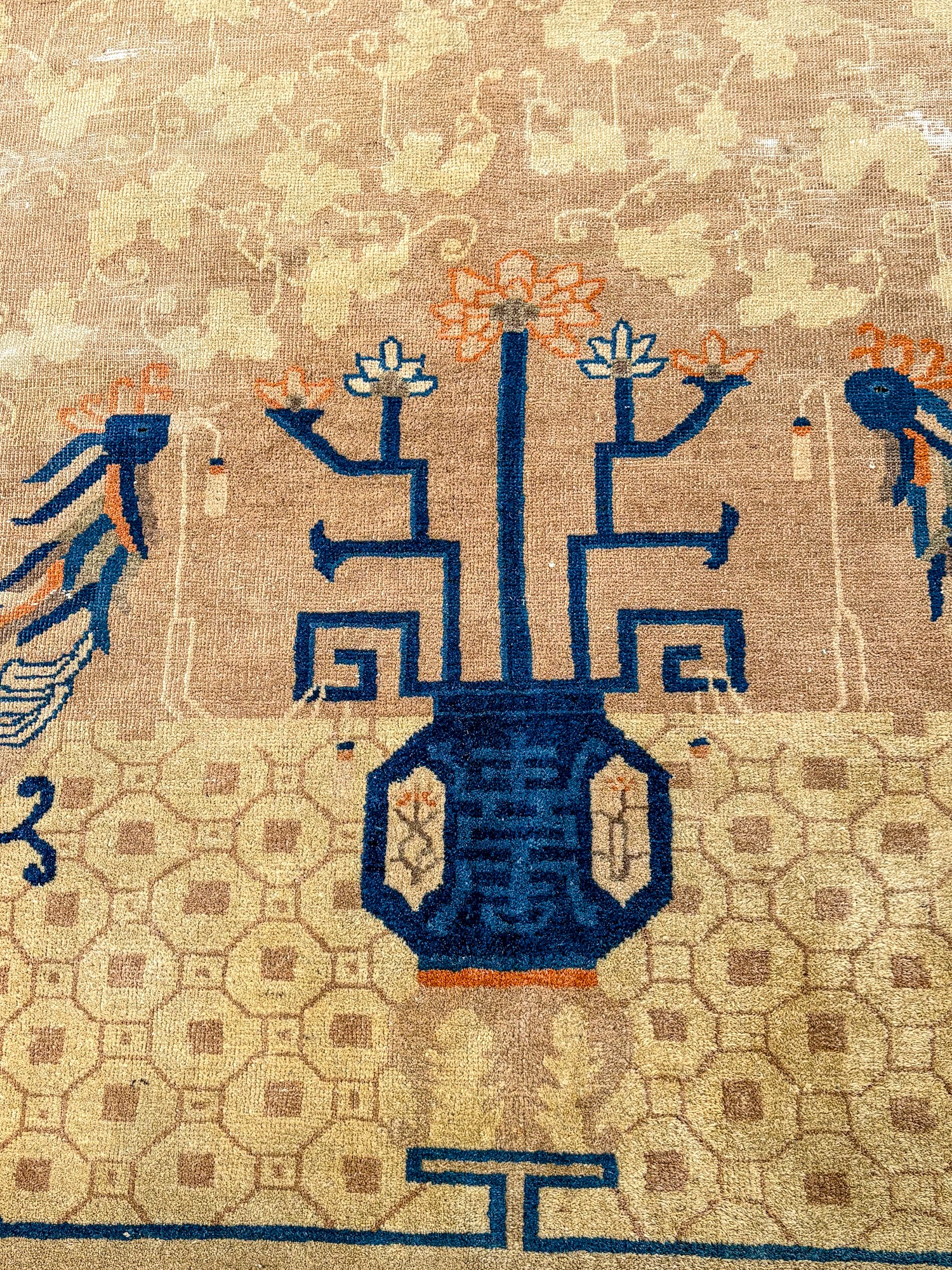 Antique 1910s Tan Blue Bird Art Deco Chinese 8x10ft Woven Wool Rug