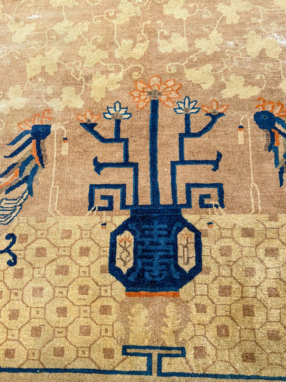 Antique 1910s Tan Blue Bird Art Deco Chinese 8x10ft Woven Wool Rug