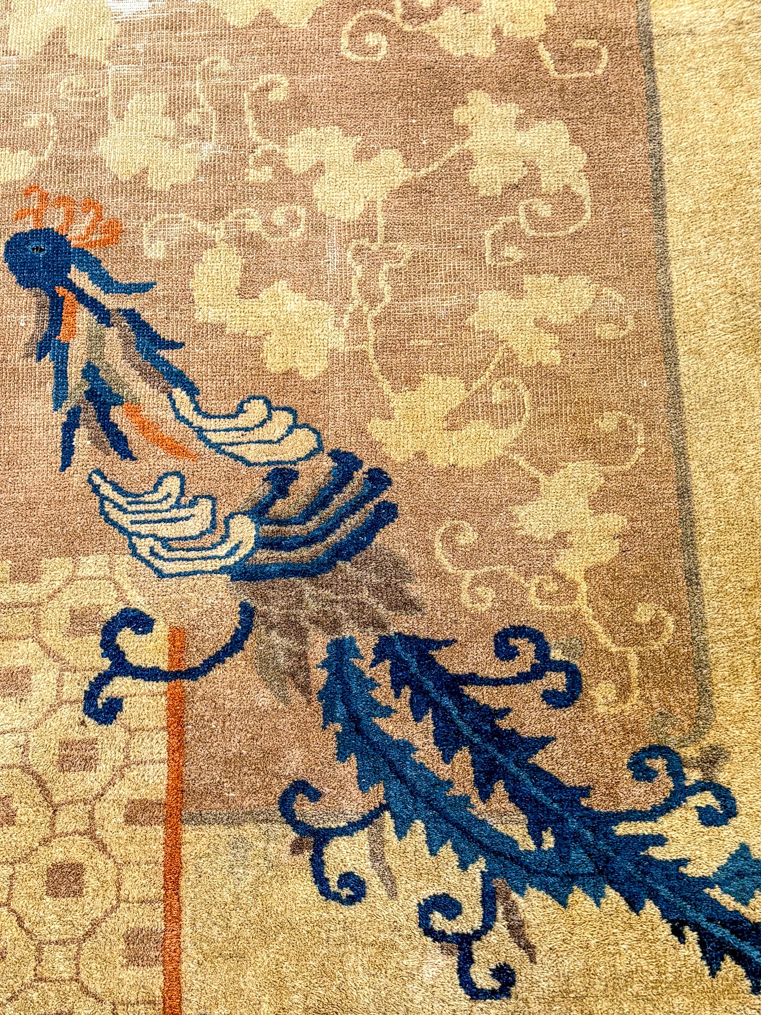 Antique 1910s Tan Blue Bird Art Deco Chinese 8x10ft Woven Wool Rug