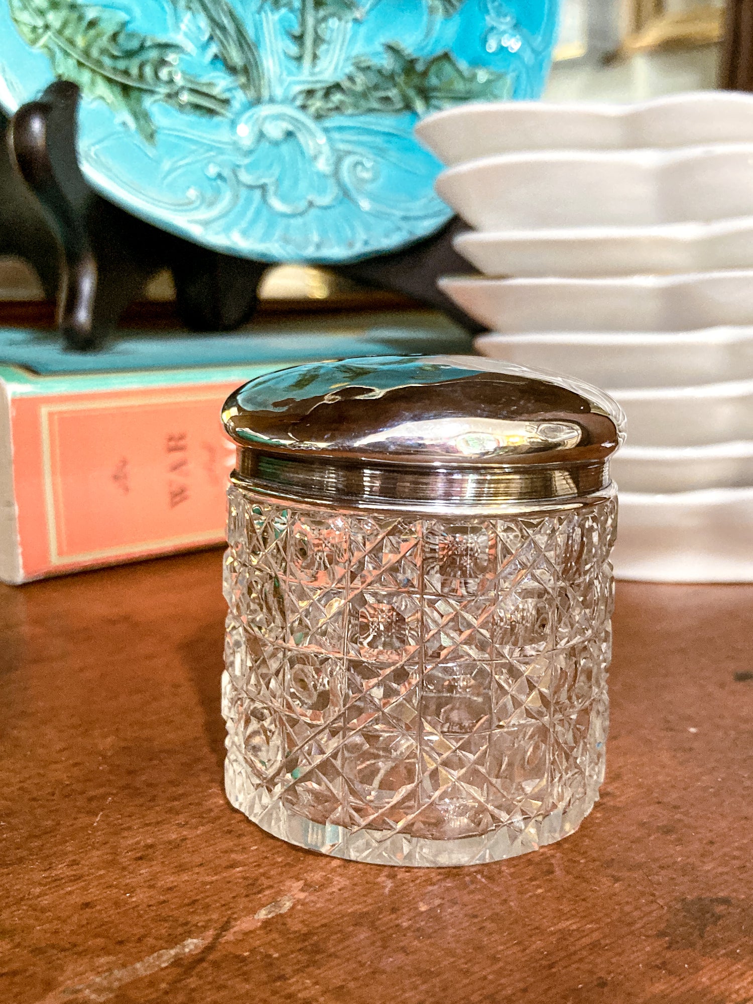 Antique 1912 English Sterling Silver Lidded Cut Glass Miniature Patch Jar
