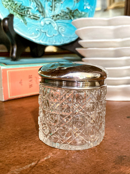 Antique 1912 English Sterling Silver Lidded Cut Glass Miniature Patch Jar