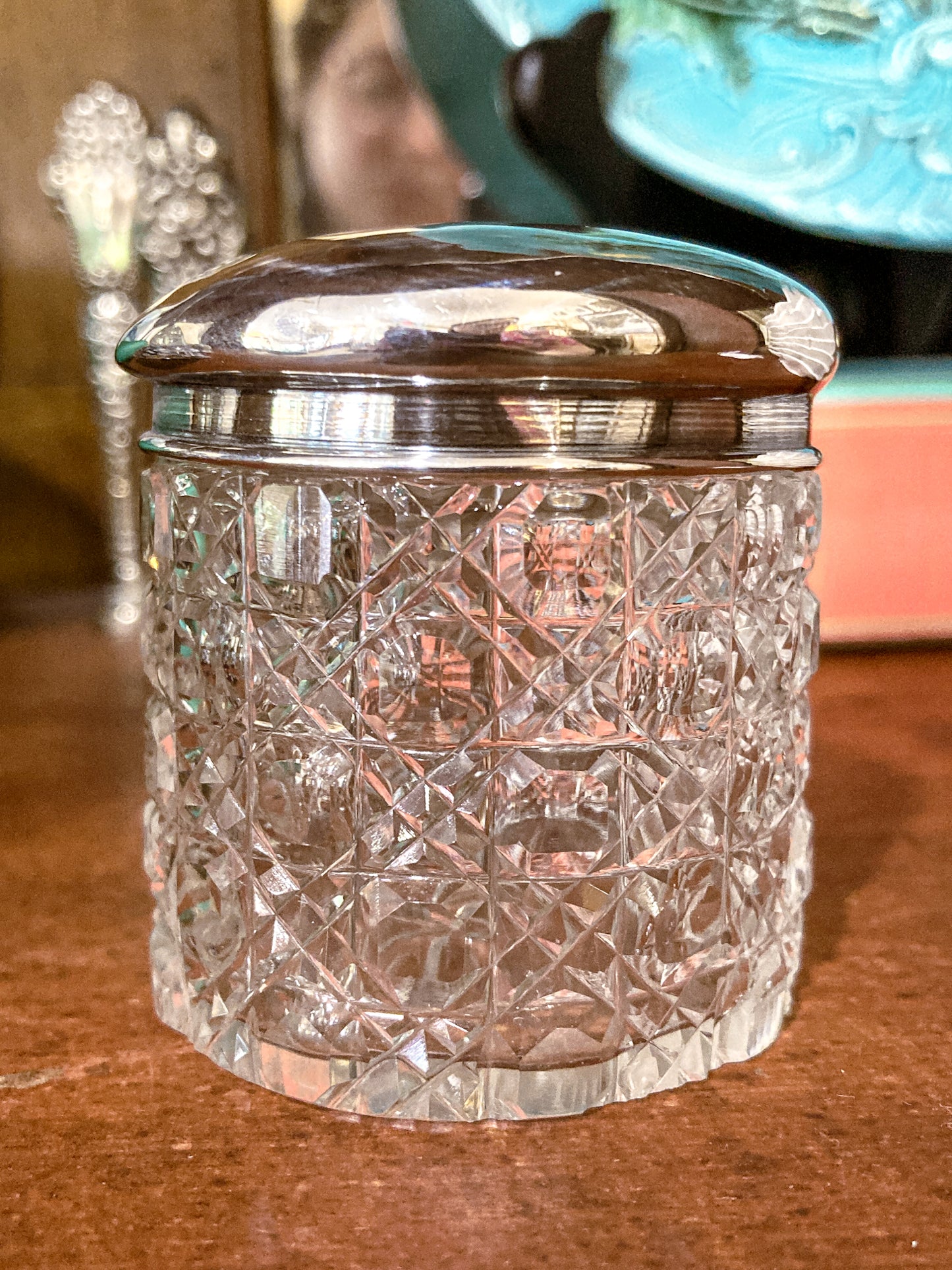 Antique 1912 English Sterling Silver Lidded Cut Glass Miniature Patch Jar