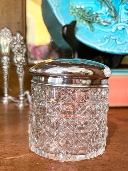 Antique 1912 English Sterling Silver Lidded Cut Glass Miniature Patch Jar