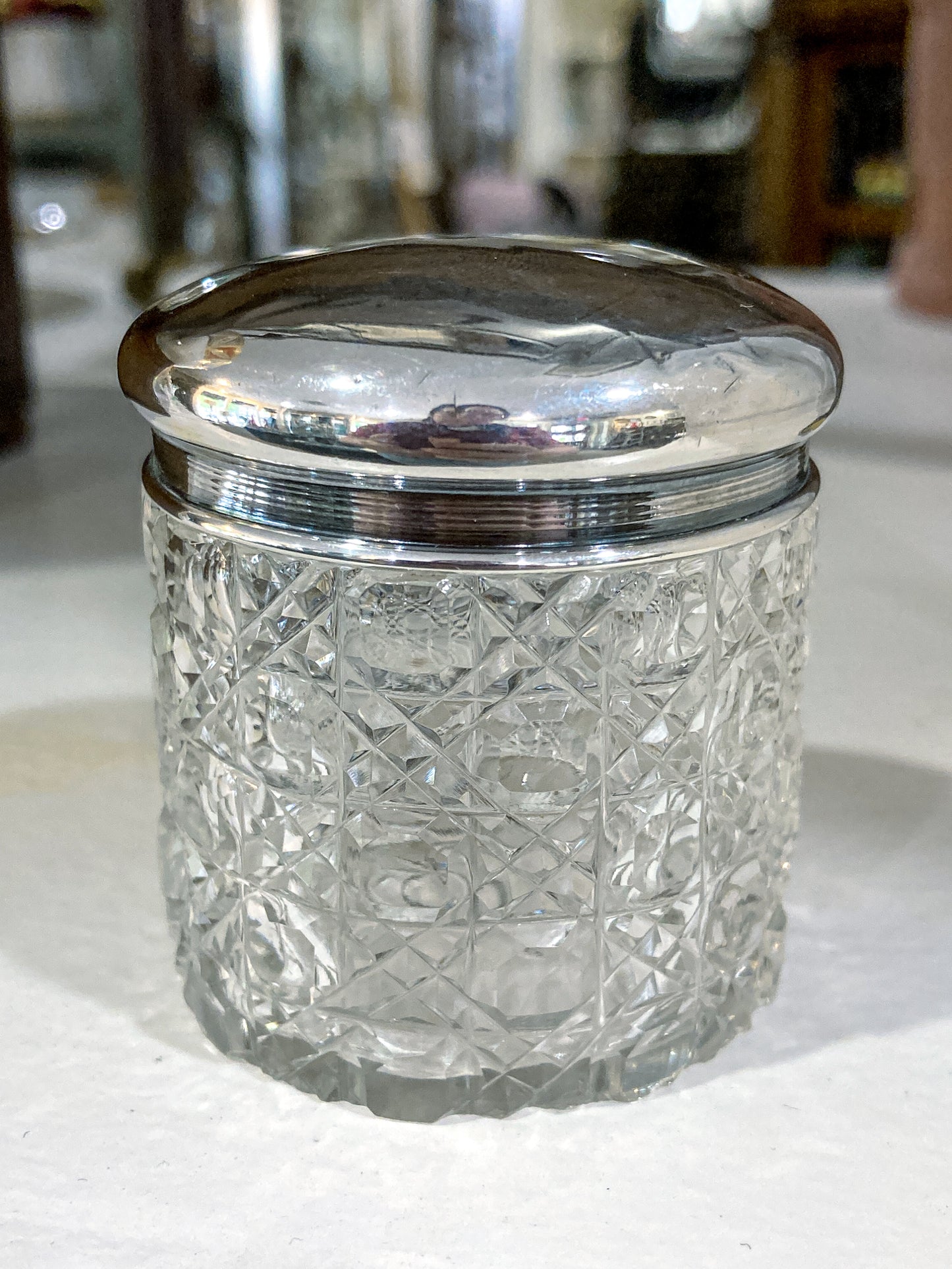 Antique 1912 English Sterling Silver Lidded Cut Glass Miniature Patch Jar