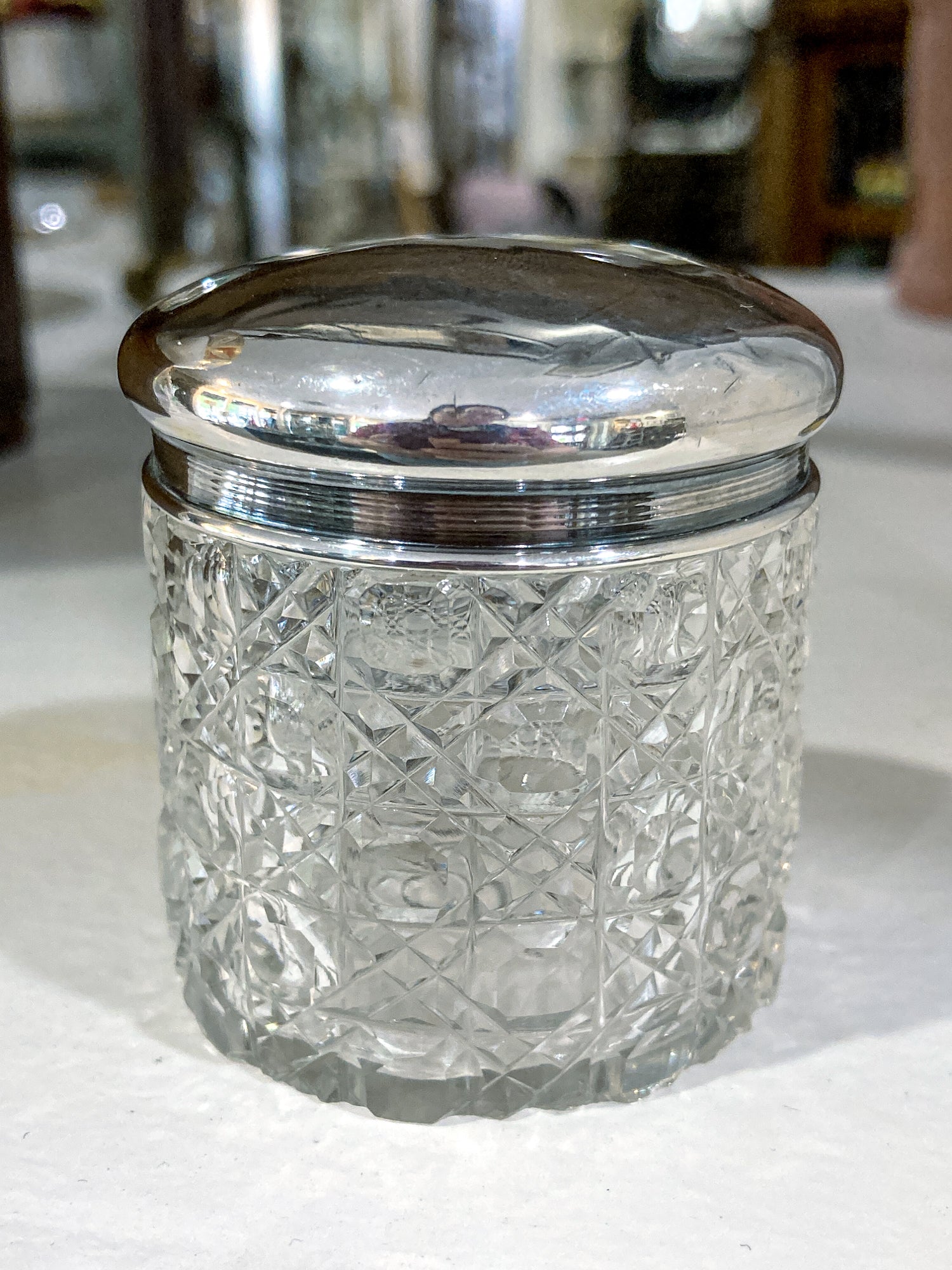 Antique 1912 English Sterling Silver Lidded Cut Glass Miniature Patch Jar