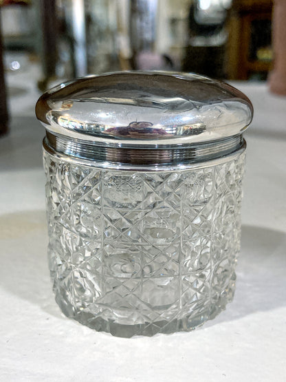 Antique 1912 English Sterling Silver Lidded Cut Glass Miniature Patch Jar
