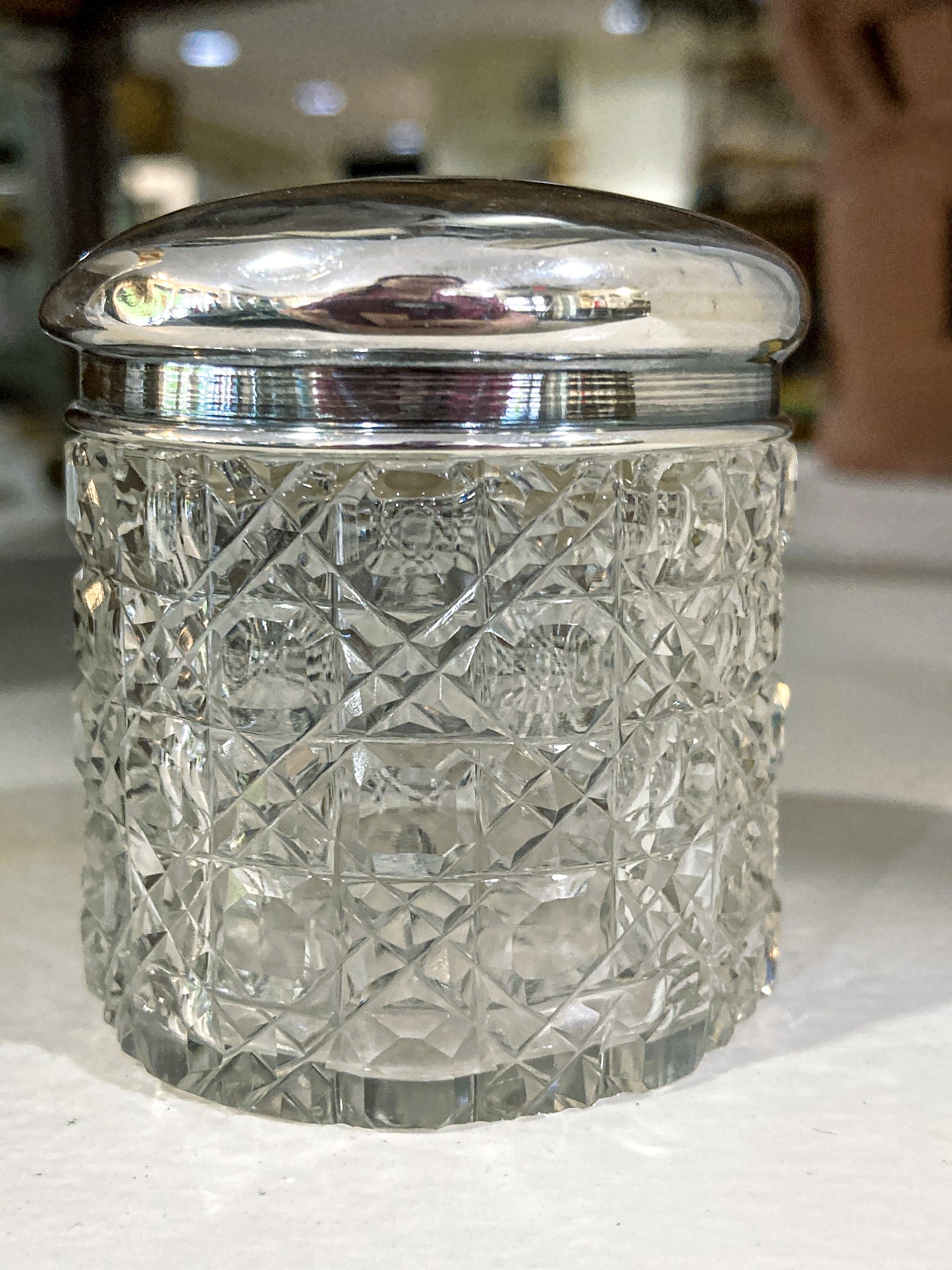Antique 1912 English Sterling Silver Lidded Cut Glass Miniature Patch Jar
