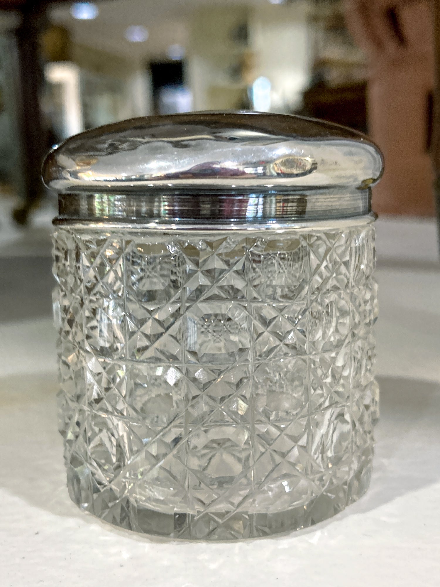 Antique 1912 English Sterling Silver Lidded Cut Glass Miniature Patch Jar