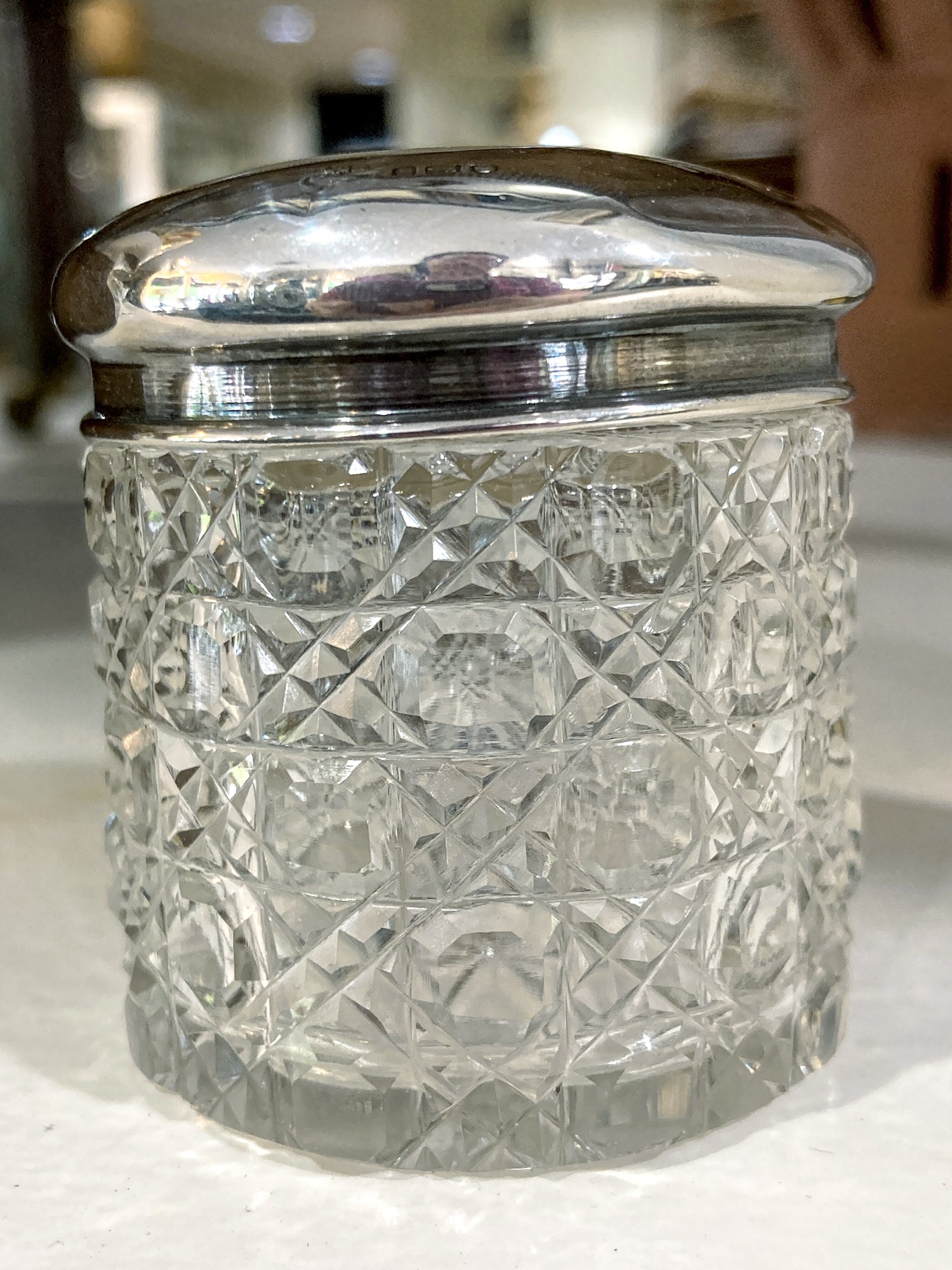 Antique 1912 English Sterling Silver Lidded Cut Glass Miniature Patch Jar