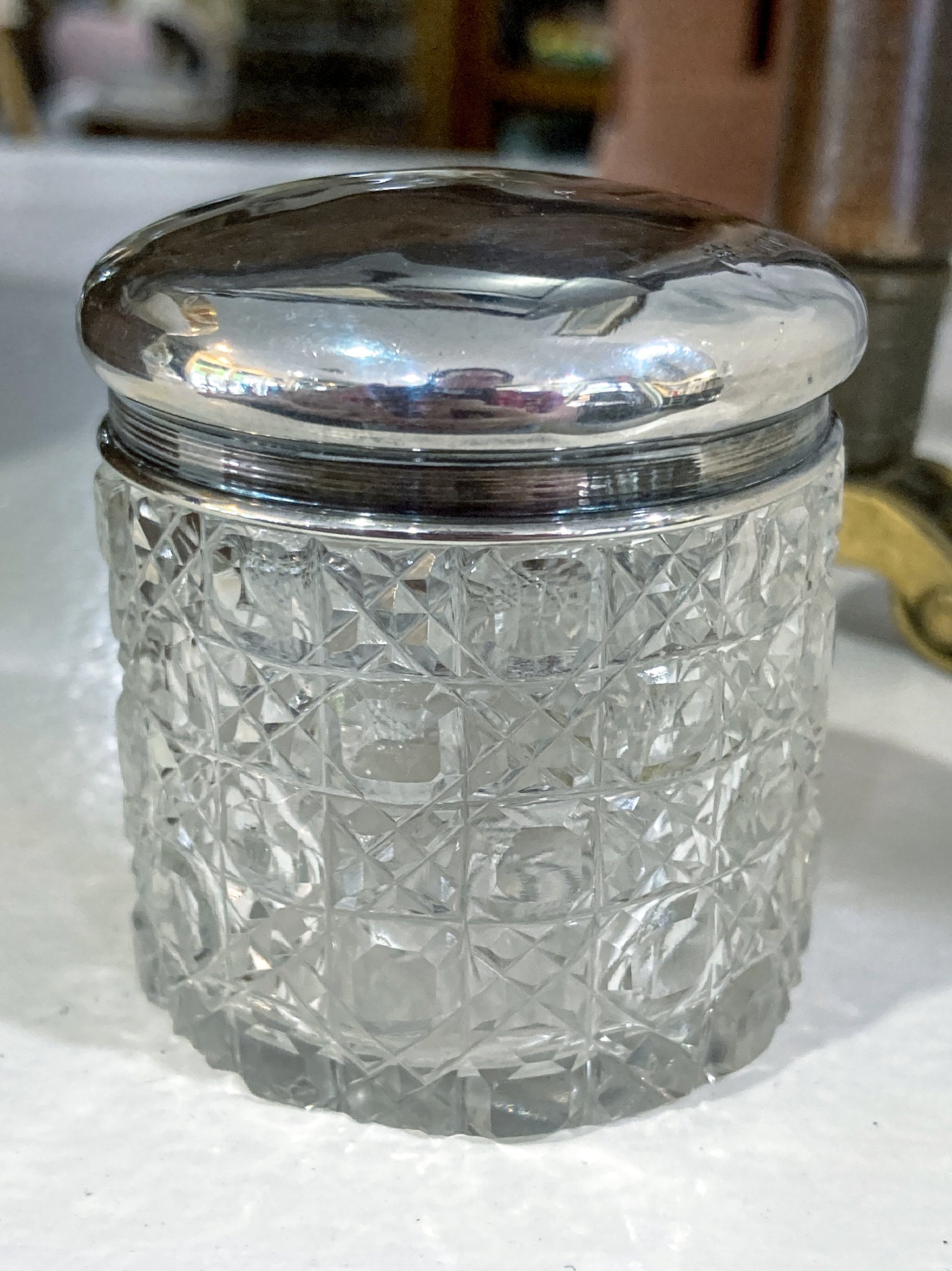 Antique 1912 English Sterling Silver Lidded Cut Glass Miniature Patch Jar