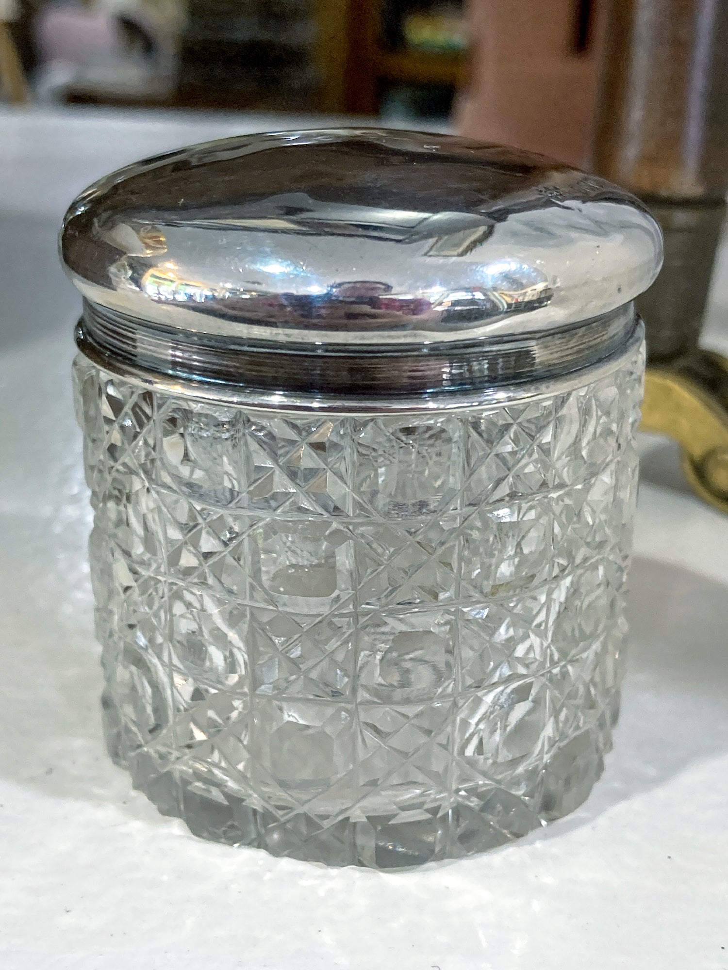 Antique 1912 English Sterling Silver Lidded Cut Glass Miniature Patch Jar