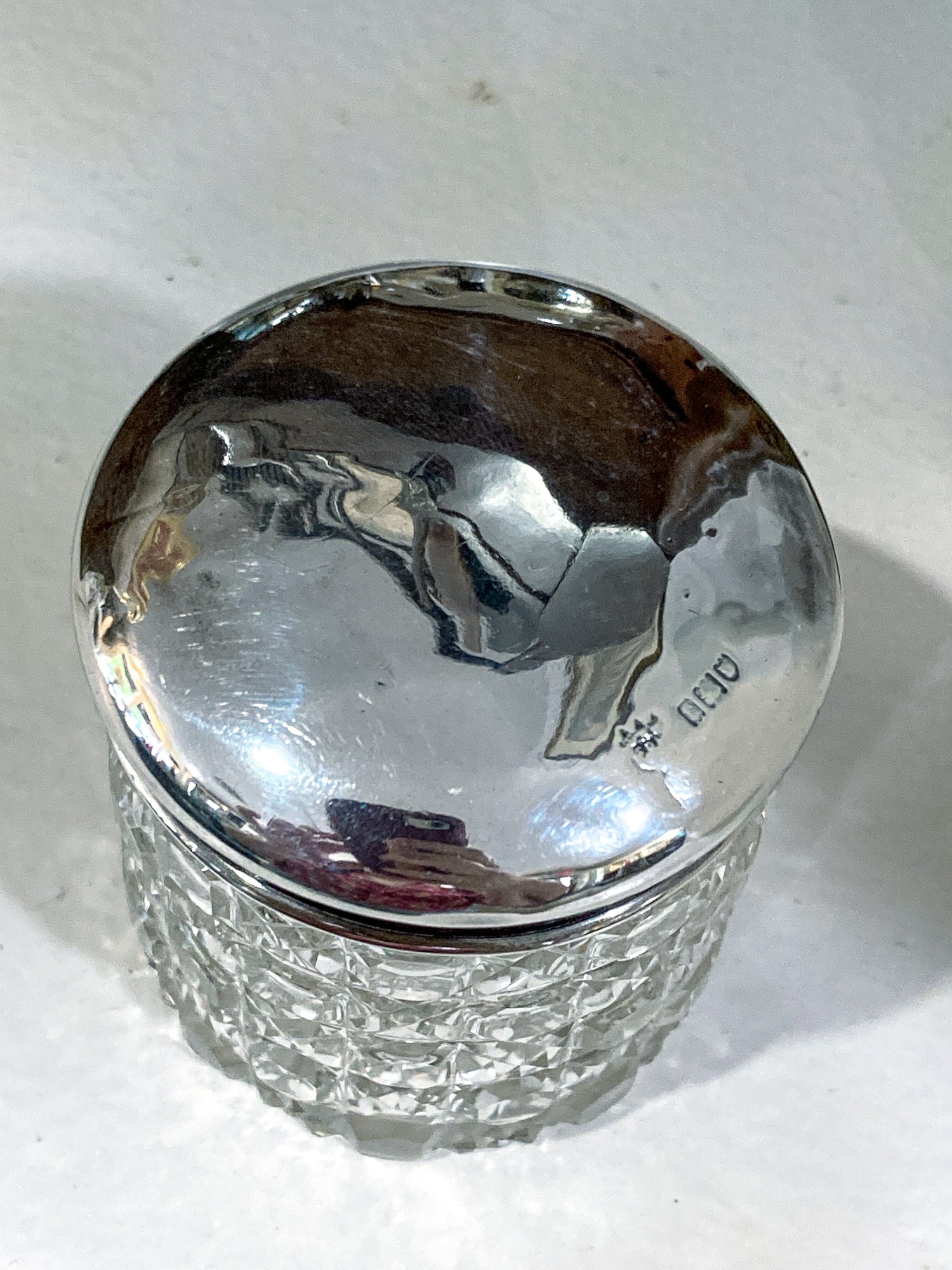 Antique 1912 English Sterling Silver Lidded Cut Glass Miniature Patch Jar