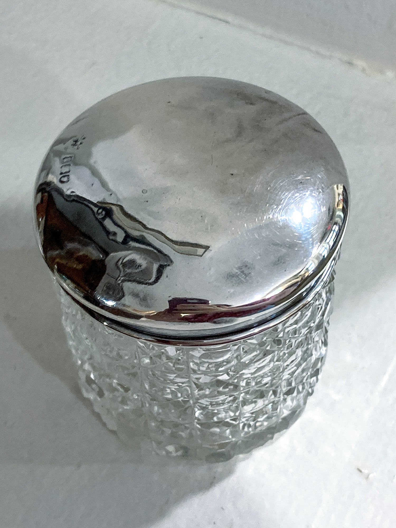 Antique 1912 English Sterling Silver Lidded Cut Glass Miniature Patch Jar