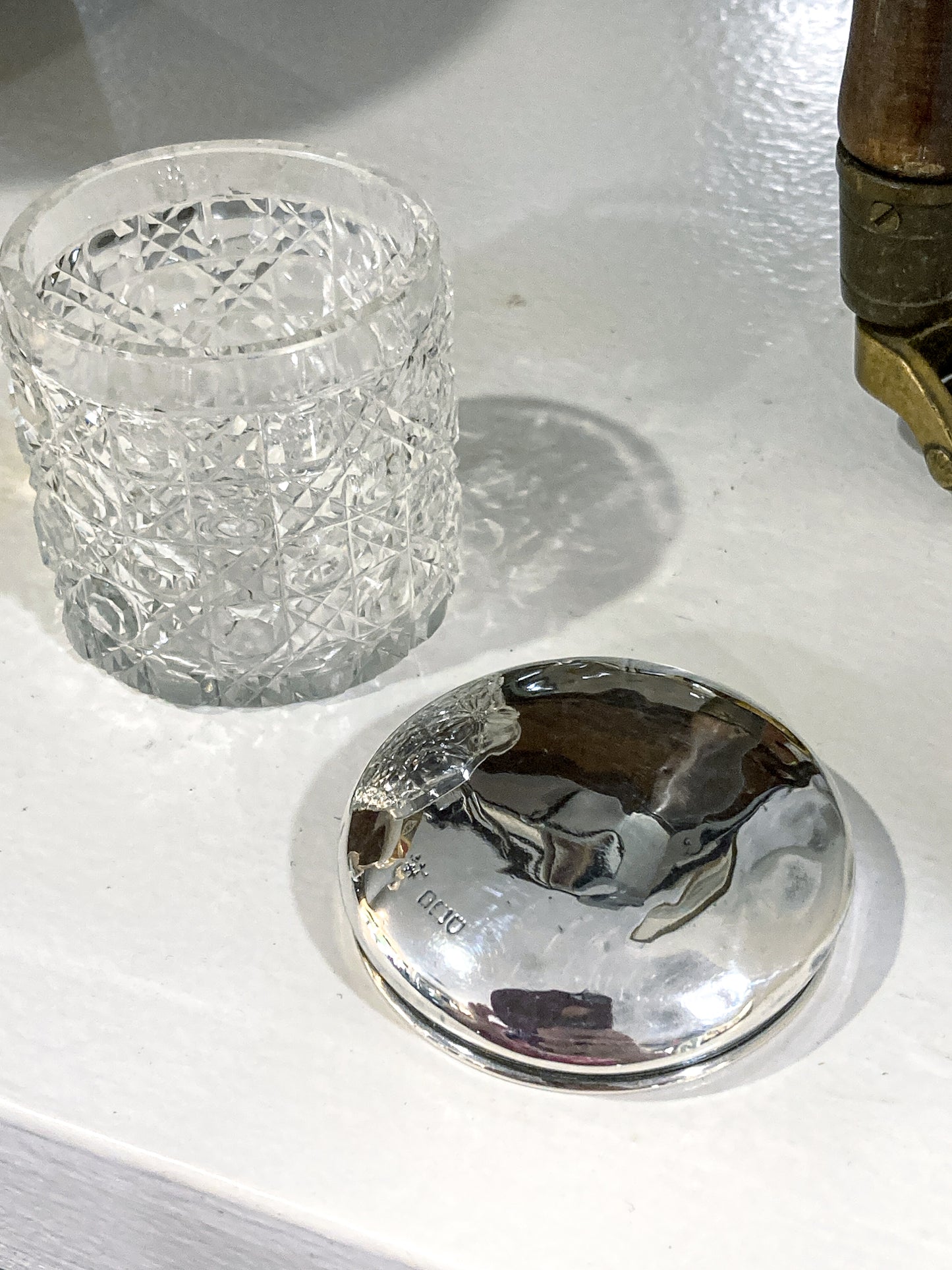 Antique 1912 English Sterling Silver Lidded Cut Glass Miniature Patch Jar