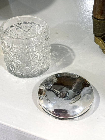 Antique 1912 English Sterling Silver Lidded Cut Glass Miniature Patch Jar