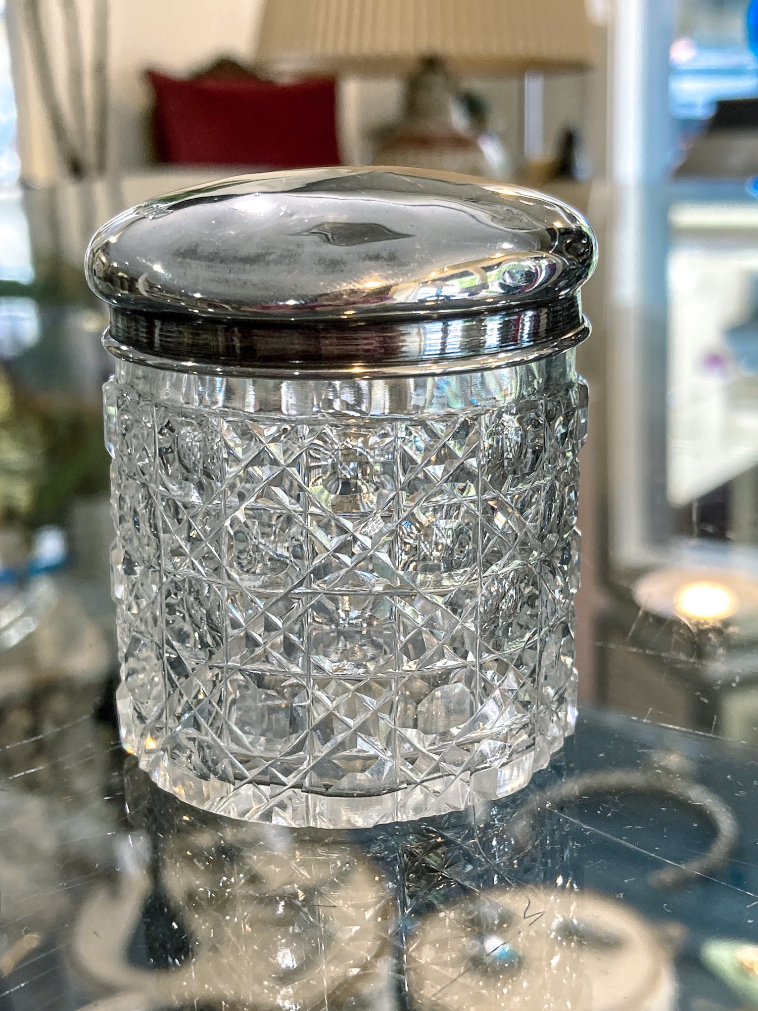 Antique 1912 English Sterling Silver Lidded Cut Glass Miniature Patch Jar
