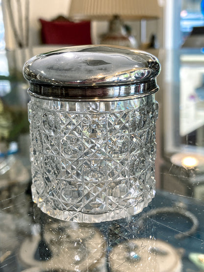 Antique 1912 English Sterling Silver Lidded Cut Glass Miniature Patch Jar