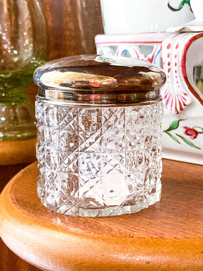 Antique 1912 English Sterling Silver Lidded Cut Glass Miniature Patch Jar