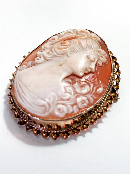 Antique 1920s 10K Yellow Gold Oval Cameo Brooch Pin Convertible Pendant