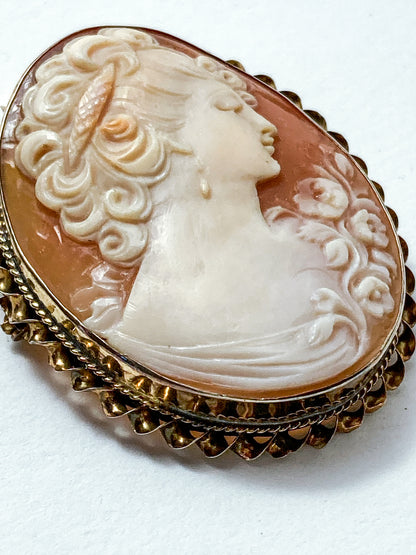 Antique 1920s 10K Yellow Gold Oval Cameo Brooch Pin Convertible Pendant