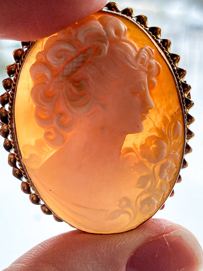 Antique 1920s 10K Yellow Gold Oval Cameo Brooch Pin Convertible Pendant