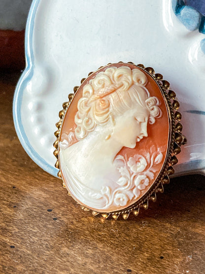 Antique 1920s 10K Yellow Gold Oval Cameo Brooch Pin Convertible Pendant