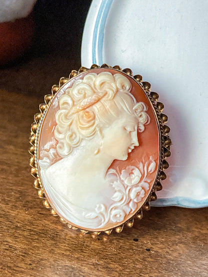 Antique 1920s 10K Yellow Gold Oval Cameo Brooch Pin Convertible Pendant