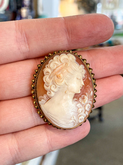 Antique 1920s 10K Yellow Gold Oval Cameo Brooch Pin Convertible Pendant