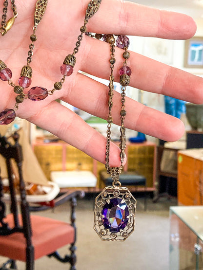Antique Art Deco Purple Faux Amethyst Filigree Pendant Necklace