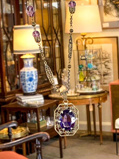 Antique Art Deco Purple Faux Amethyst Filigree Pendant Necklace