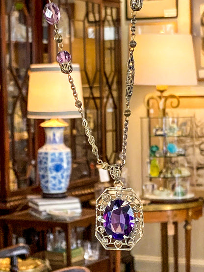 Antique Art Deco Purple Faux Amethyst Filigree Pendant Necklace