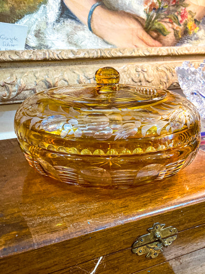 Antique Large 1920s Bohemian Floral Amber Cut to Clear Covered Glass Dish