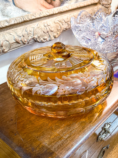 Antique Large 1920s Bohemian Floral Amber Cut to Clear Covered Glass Dish