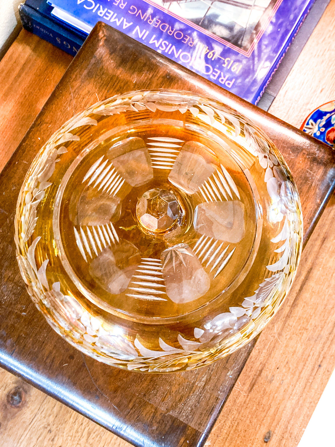 Antique Large 1920s Bohemian Floral Amber Cut to Clear Covered Glass Dish