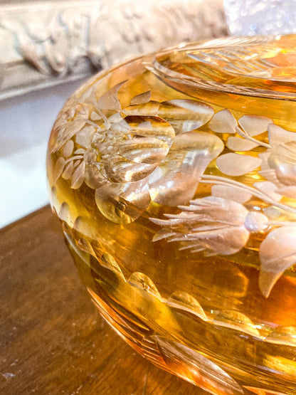 Antique Large 1920s Bohemian Floral Amber Cut to Clear Covered Glass Dish