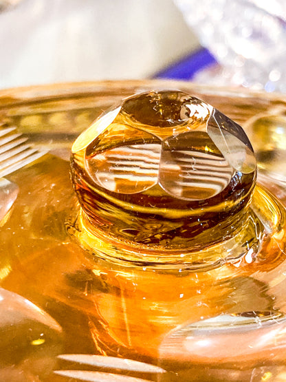 Antique Large 1920s Bohemian Floral Amber Cut to Clear Covered Glass Dish