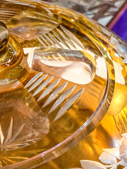 Antique Large 1920s Bohemian Floral Amber Cut to Clear Covered Glass Dish