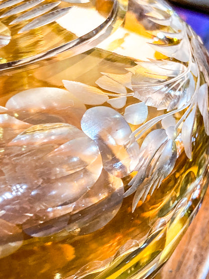 Antique Large 1920s Bohemian Floral Amber Cut to Clear Covered Glass Dish