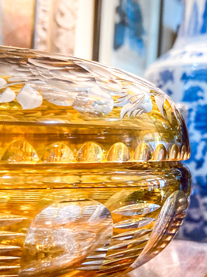 Antique Large 1920s Bohemian Floral Amber Cut to Clear Covered Glass Dish