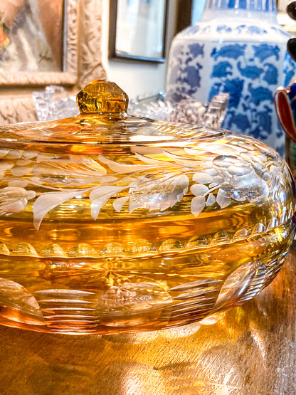 Antique Large 1920s Bohemian Floral Amber Cut to Clear Covered Glass Dish