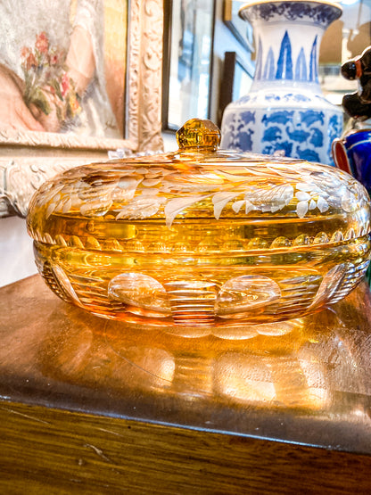 Antique Large 1920s Bohemian Floral Amber Cut to Clear Covered Glass Dish