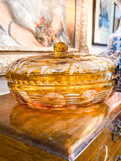 Antique Large 1920s Bohemian Floral Amber Cut to Clear Covered Glass Dish