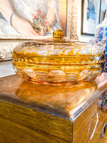 Antique Large 1920s Bohemian Floral Amber Cut to Clear Covered Glass Dish