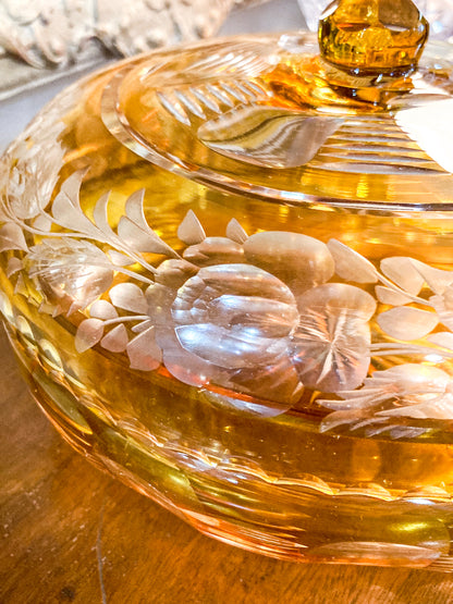 Antique Large 1920s Bohemian Floral Amber Cut to Clear Covered Glass Dish